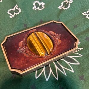 Vintage, solid brass, leather and tiger eye belt buckle
